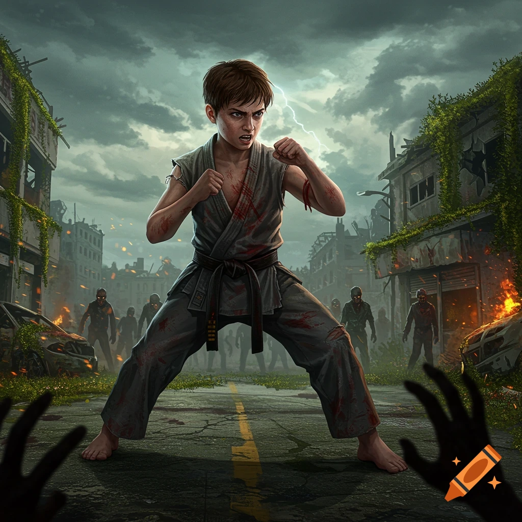 A young boy in a blood-splattered karate gi stands defensively in a ruined, stormy city street, facing a horde of zombies with lightning in the sky. Two zombie hands reach into the foreground.