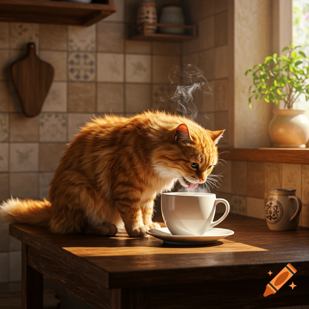 A fluffy orange cat on a wooden kitchen counter, licking a steaming cup of milk.