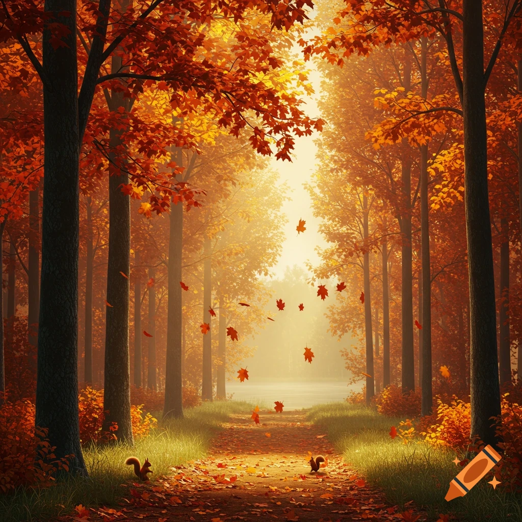 A sunlit autumn forest path with vibrant orange and red leaves falling, and two squirrels on the ground.