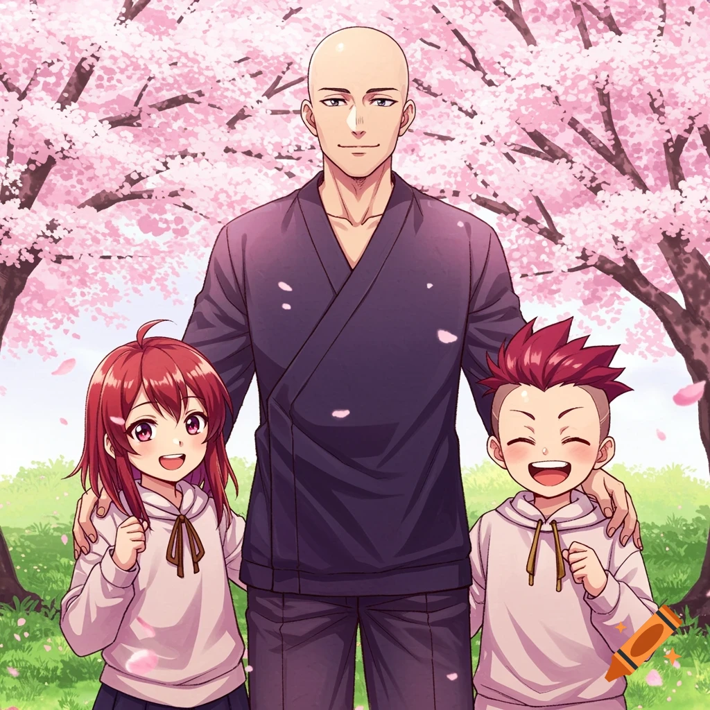 Anime illustration of a bald man with two smiling children under pink cherry blossom trees.