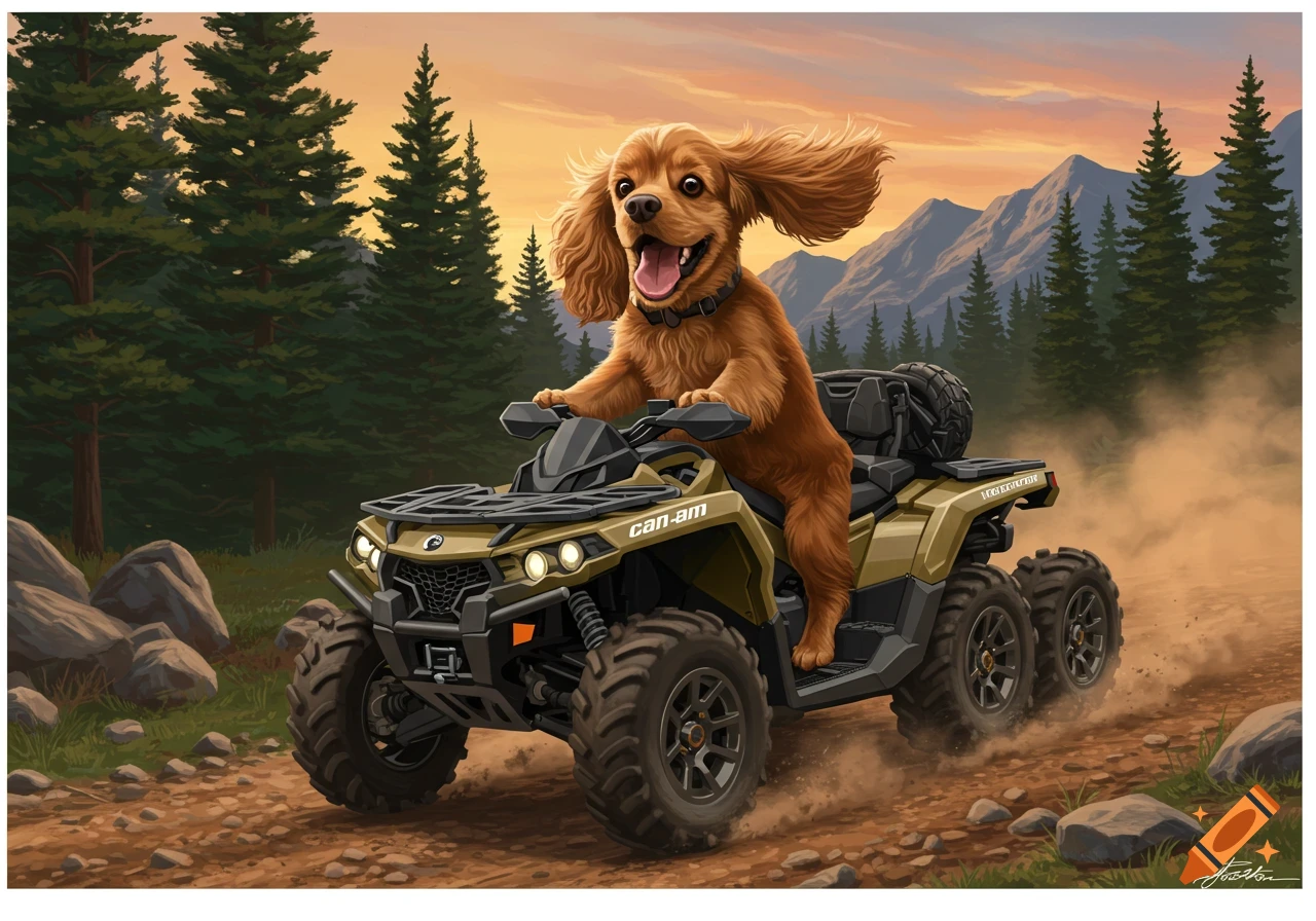 A happy cocker spaniel drives a 6-wheeled Can-Am ATV through a forest trail at sunset, dust kicking up behind it.