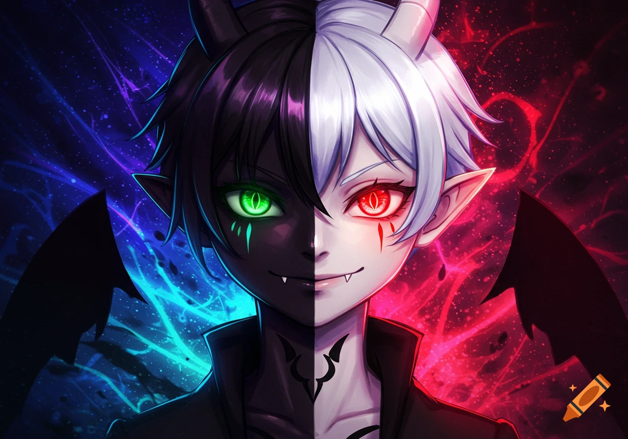 Anime boy with face split black and white, one side with a green eye and the other with a red eye, horns, and fangs, against a neon blue and red background.