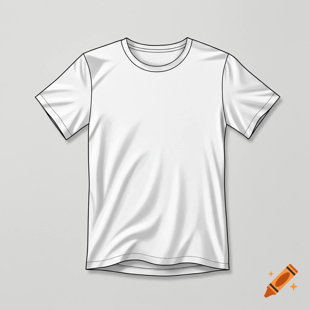A drawing of a blank white short-sleeve t-shirt with a black outline on a light gray background.
