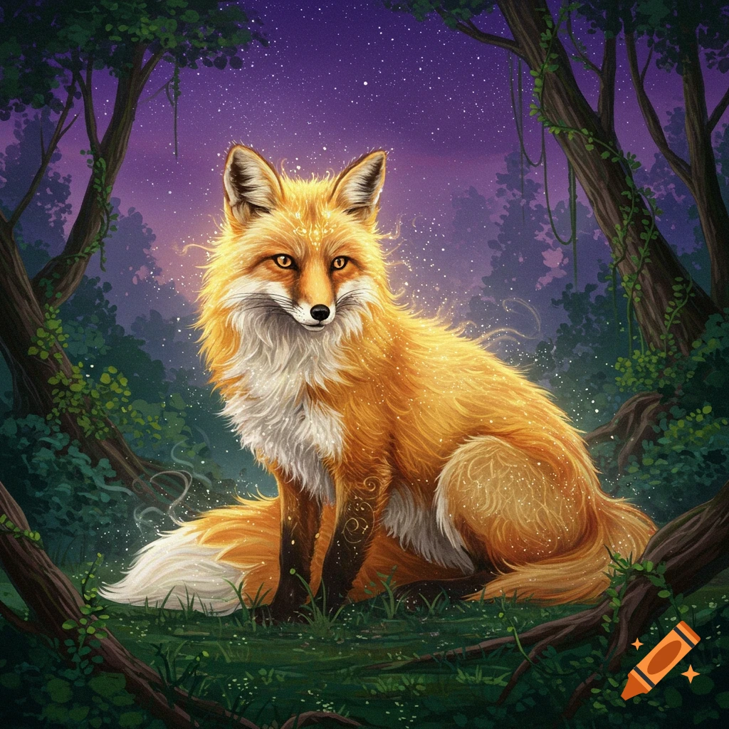 An oil painting of a mystical golden fox glowing in a lush green forest under a starry purple night sky.