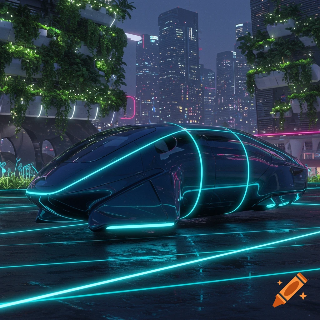 A dark, futuristic car with glowing neon blue lines on a wet street at night, in front of a cyberpunk city skyline with green vertical gardens.