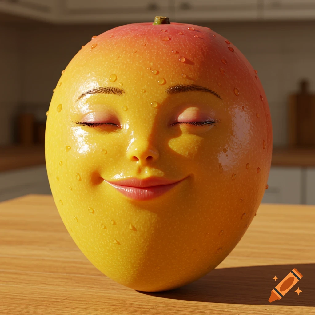 A photorealistic mango with closed eyes and a smiling human face, covered in water droplets, on a wooden surface.
