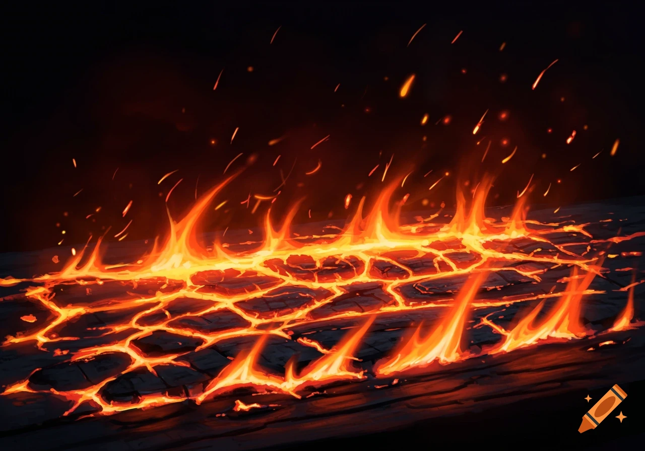 Intense orange and yellow flames rise from cracks in a dark, lava-like surface, with sparks flying upwards.