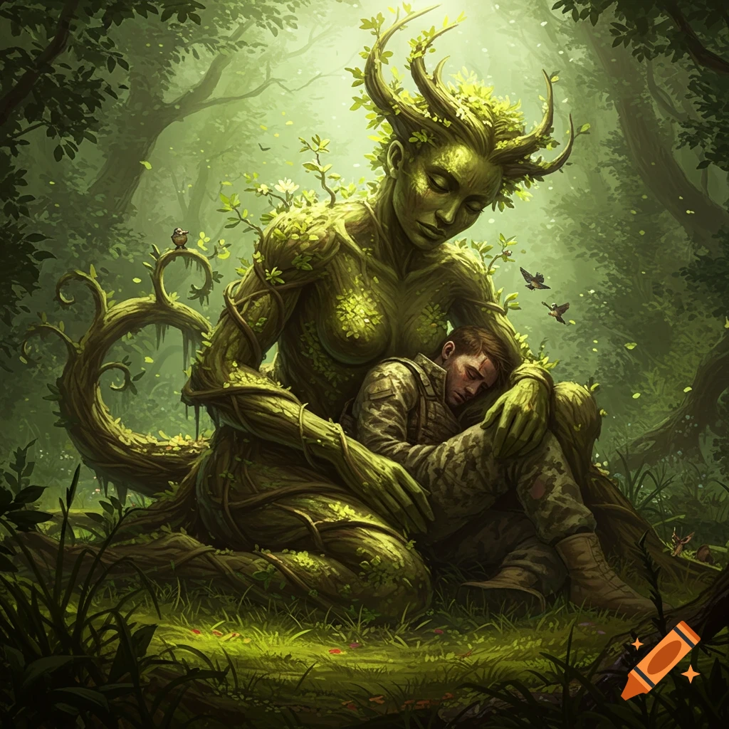 A large, leafy Mother Earth figure with horns embraces a sleeping soldier in a lush, sunlit forest.