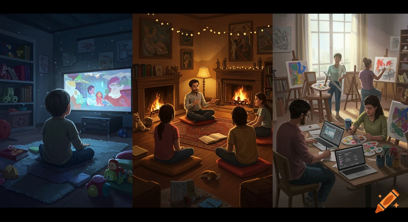 Three side-by-side scenes: a child watching cartoons, a person telling stories to a group, and people creating art and media.