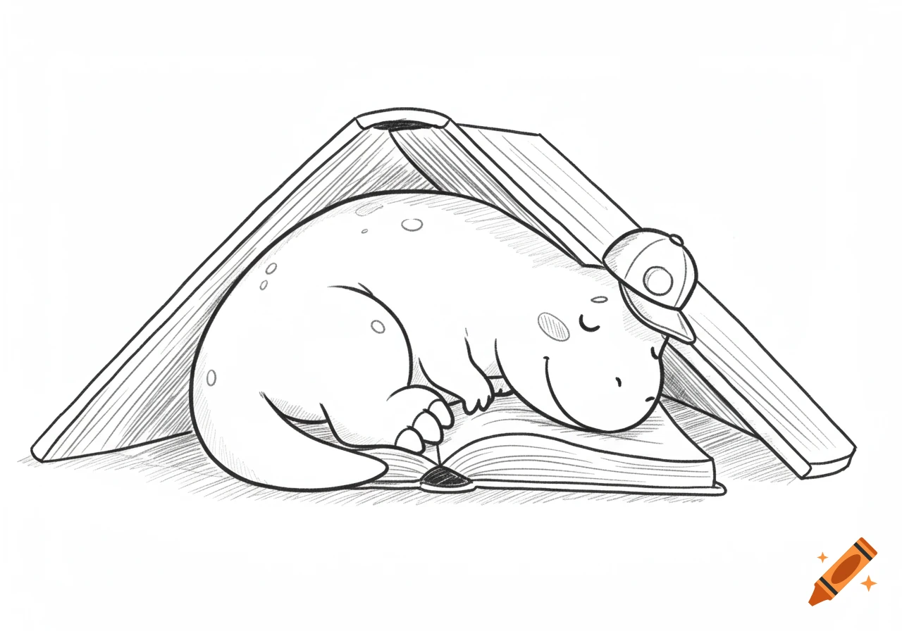 A cute cartoon T-rex in a worker's cap sleeps under a book, resting on an open book, in a line drawing style.