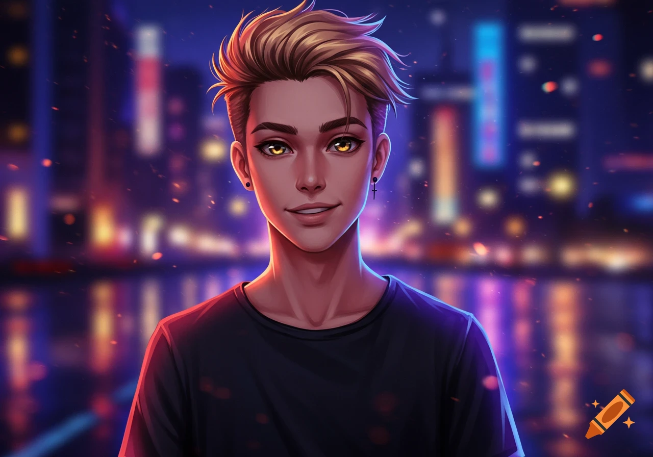 Anime guy with blond hair and golden eyes in a black t-shirt, in front of a blurred night city background.