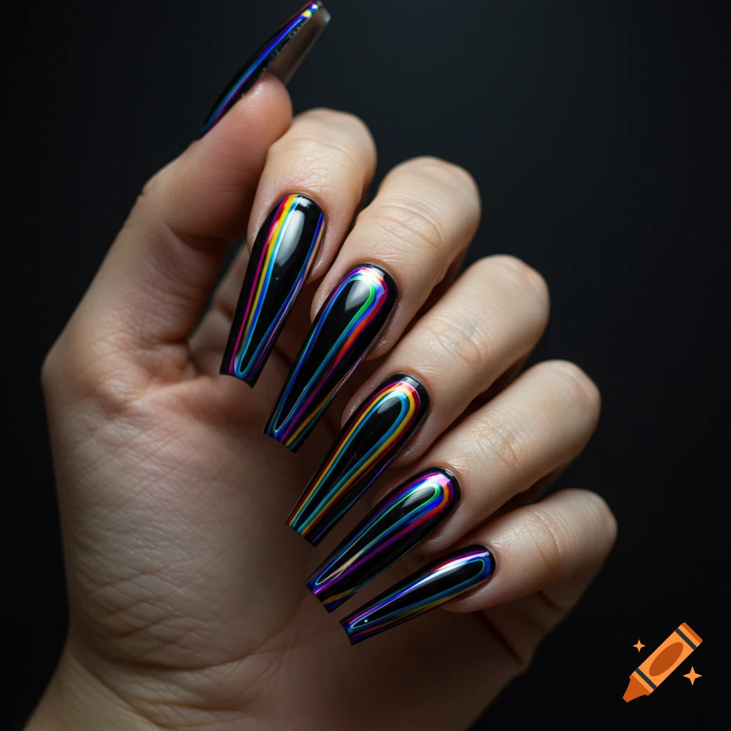 Close-up of a hand with long, coffin-shaped acrylic nails. Each black nail features vibrant, iridescent rainbow stripes and a glossy finish, against a dark background.