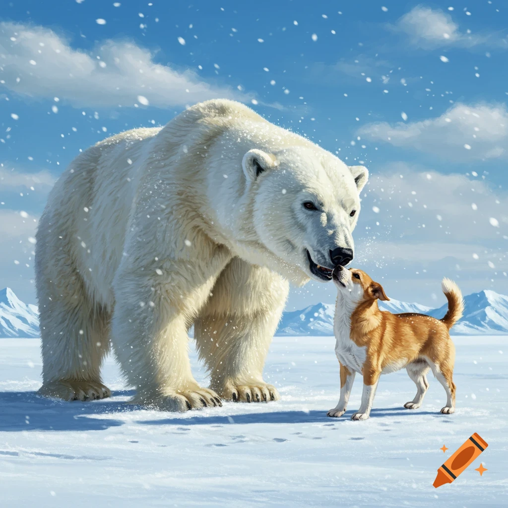 A small brown and white dog gently touches noses with a large white polar bear in a snowy, mountainous landscape.