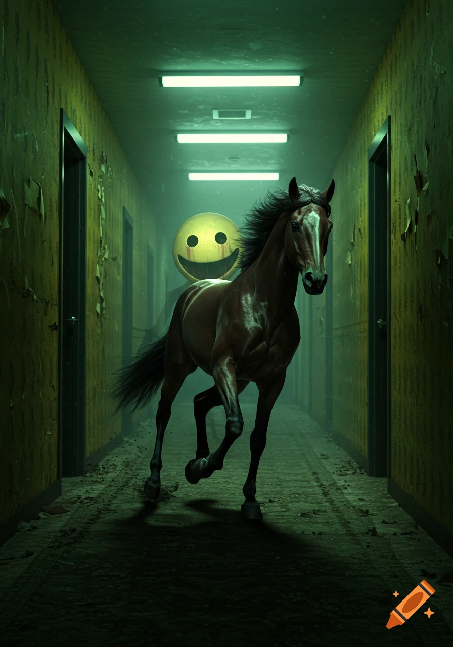 A brown horse gallops through a creepy, dimly lit green corridor with a disturbing yellow smiley face monster behind it.