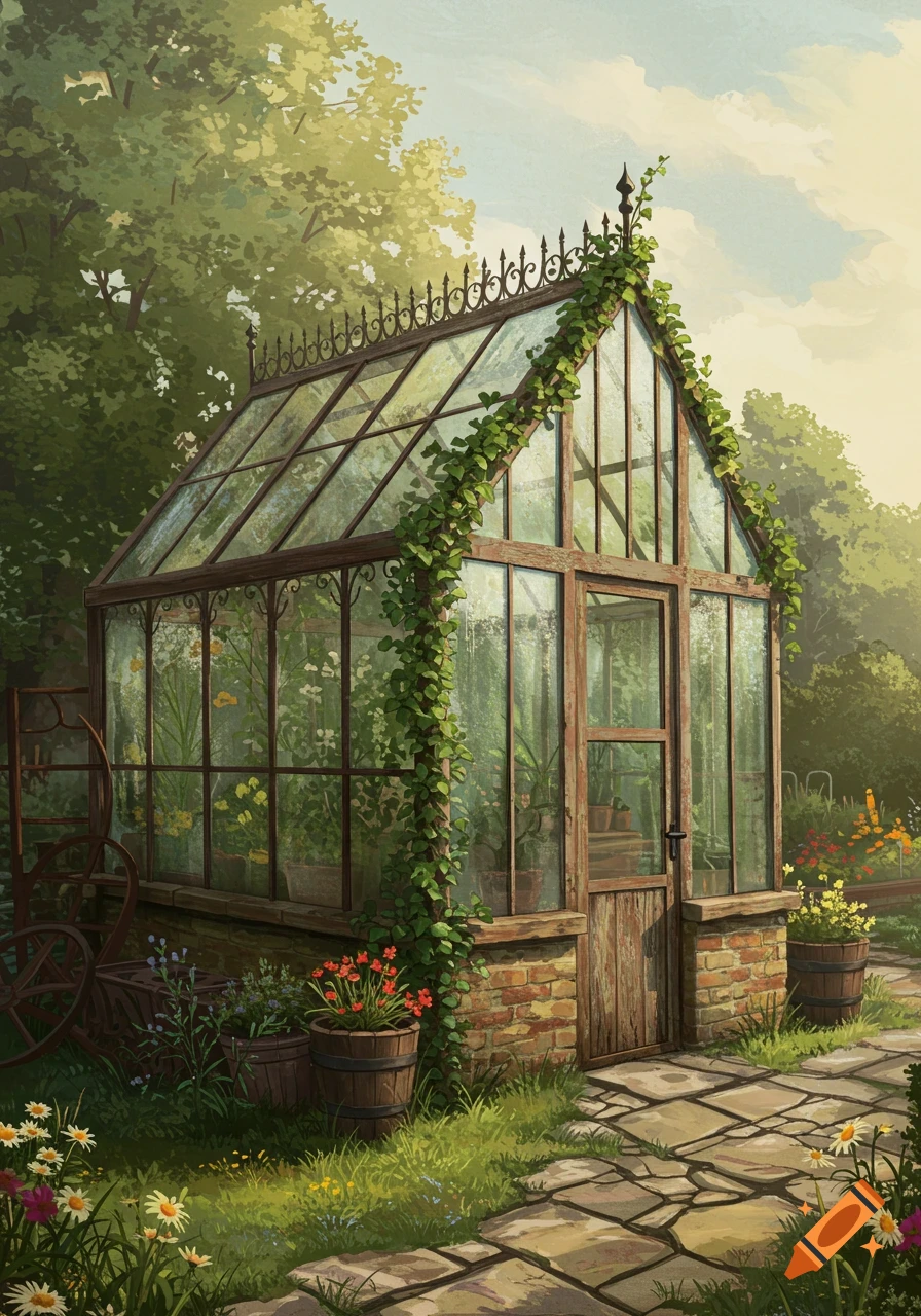 An old-fashioned glass and wood greenhouse, partially covered in ivy, stands in a lush garden with a stone path and blooming flowers.