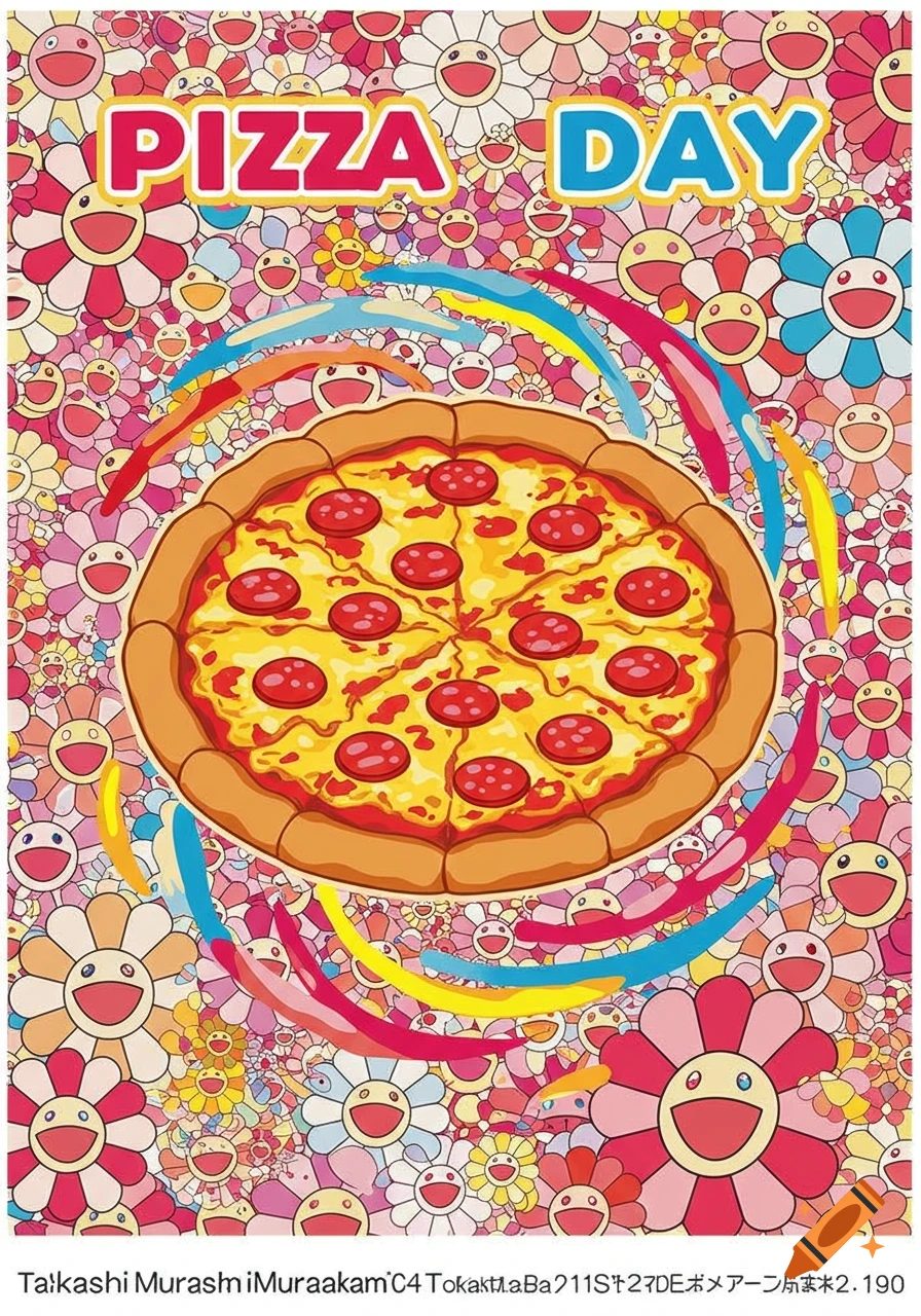 Colorful poster in Takashi Murakami's style featuring a pepperoni pizza surrounded by smiling flowers and swirling lines, with "PIZZA DAY" text.