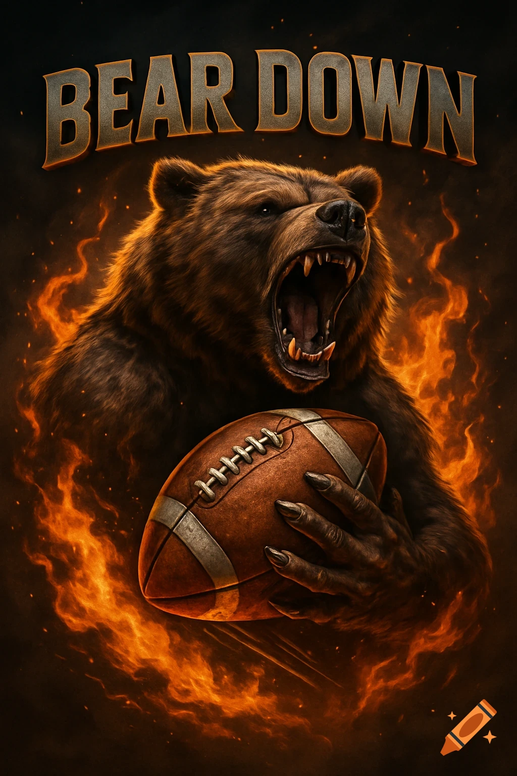 A roaring brown bear with an American football, surrounded by orange flames. The text "BEAR DOWN" is above.