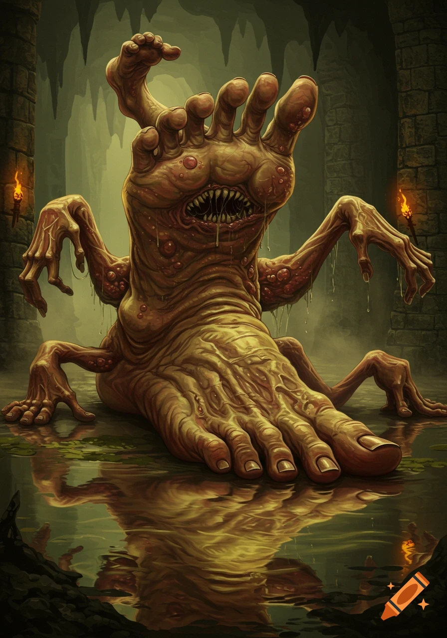 A grotesque, slimy foot monster with multiple limbs and sharp teeth, reflected in water within a dark, torchlit dungeon.