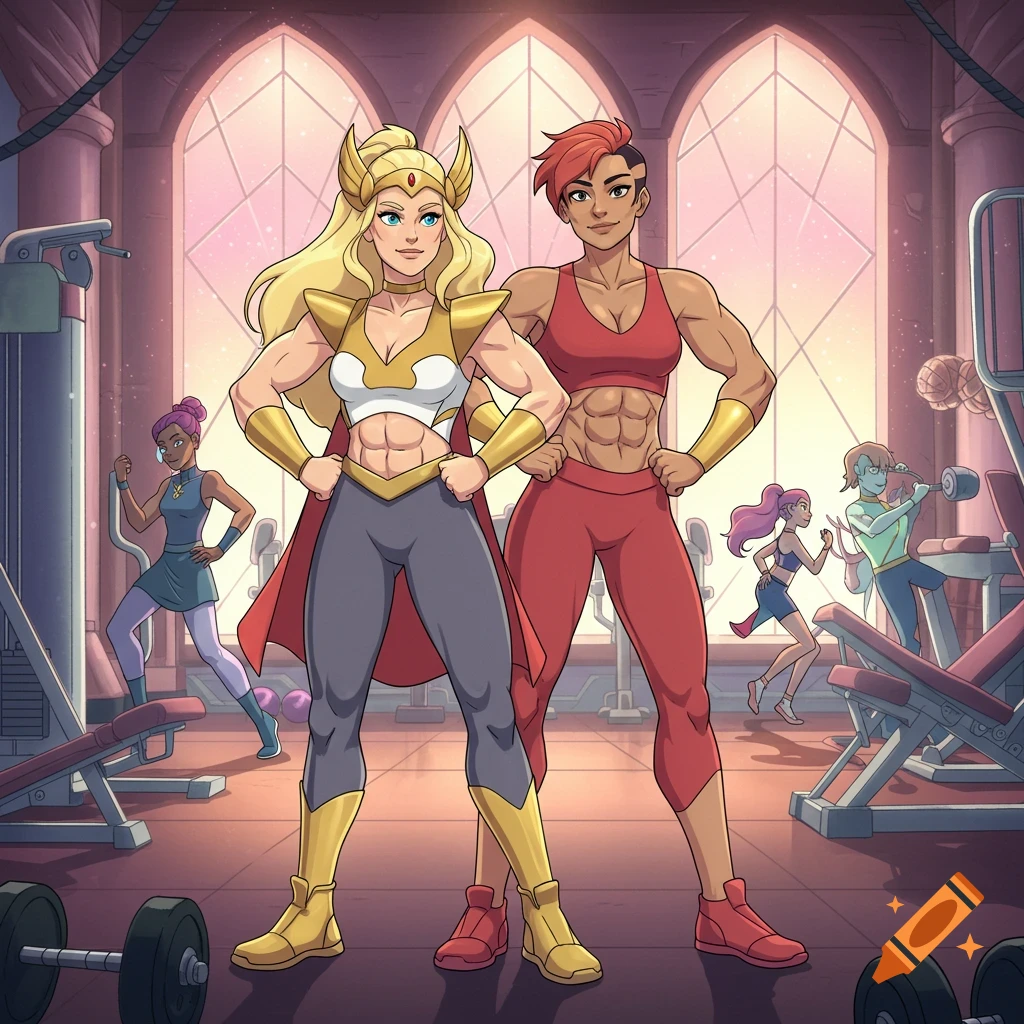 Two muscular female cartoon characters, one blonde and one red-haired, flex in a gym with other people exercising in the background.
