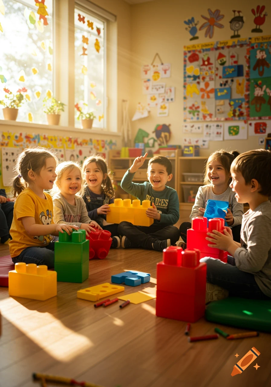 Happy kindergarten students playing with colorful building blocks on the floor of a sunny classroom.