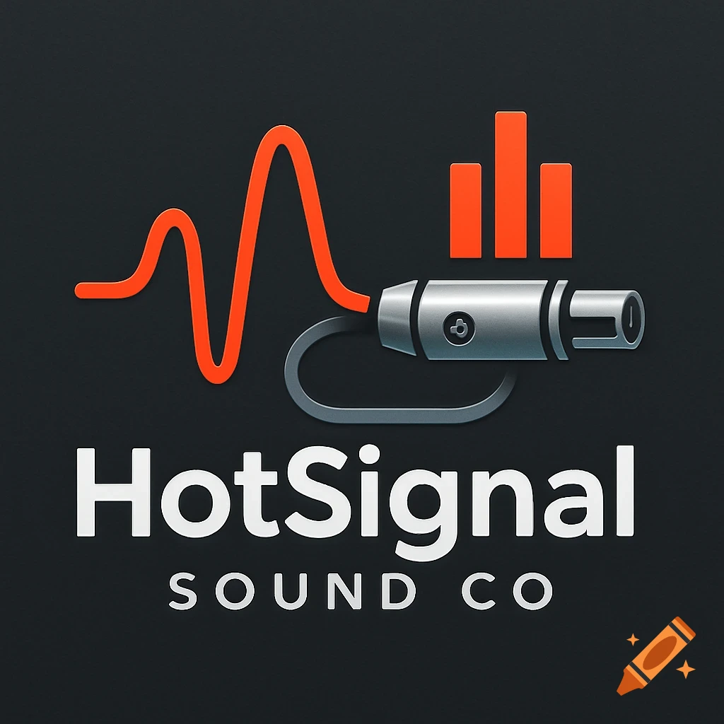 Modern logo for HotSignal Sound Co. with an orange waveform, audio level meter, and XLR connector on a dark background.