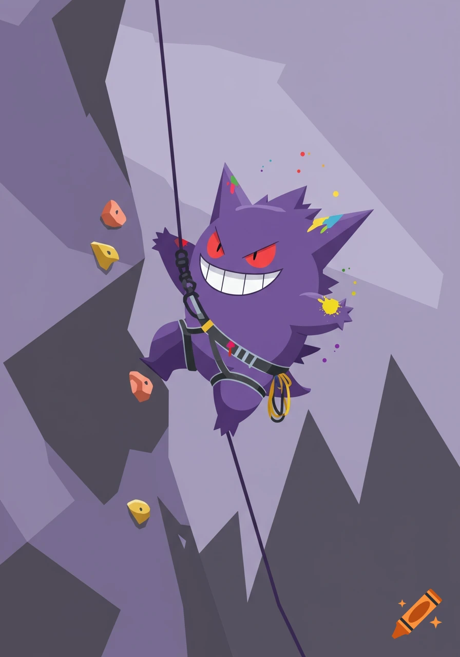 Purple Gengar character in a climbing harness with a rope, ascending a stylized purple and grey rock wall. Colorful paint splatters adorn Gengar's body.