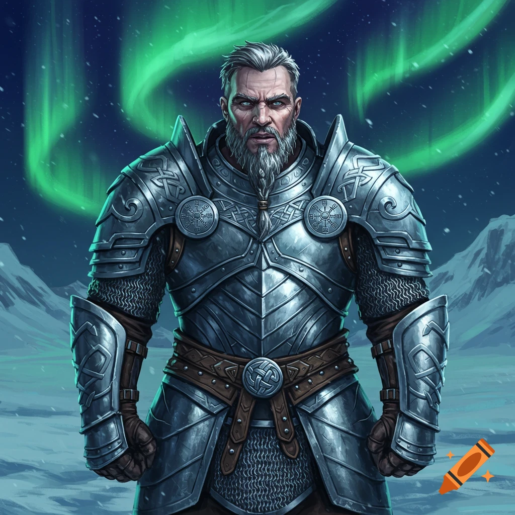 A formidable Norse warrior in ornate silver armor and a braided beard stands in a snowy arctic landscape under the northern lights.