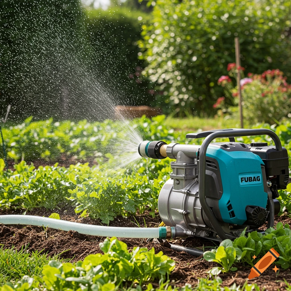 Photorealistic image of a FUBAG water pump spraying water onto green garden beds on a sunny day.