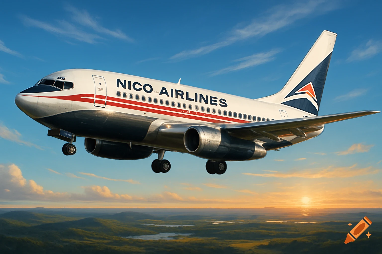 A white, red, and blue Nico Airlines Boeing 737-200 airplane flies over green hills at sunset.