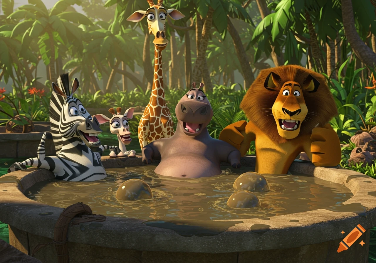 Marty, Melman, Gloria, and Alex from Madagascar happily soak in a muddy hot tub in a lush jungle.