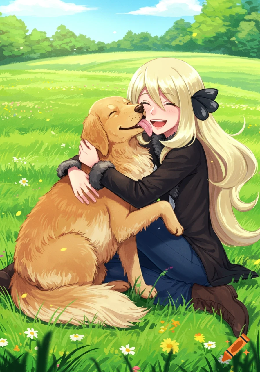 Anime-style Cynthia from Pokémon hugs a Golden Retriever licking her face in a sunny grassy field with flowers.