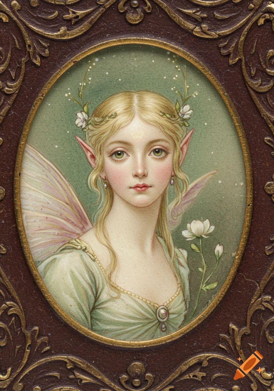 A miniature watercolor portrait of a delicate blonde fairy with pointed ears, subtle wings, and a serene expression, framed in ornate gold and brown.