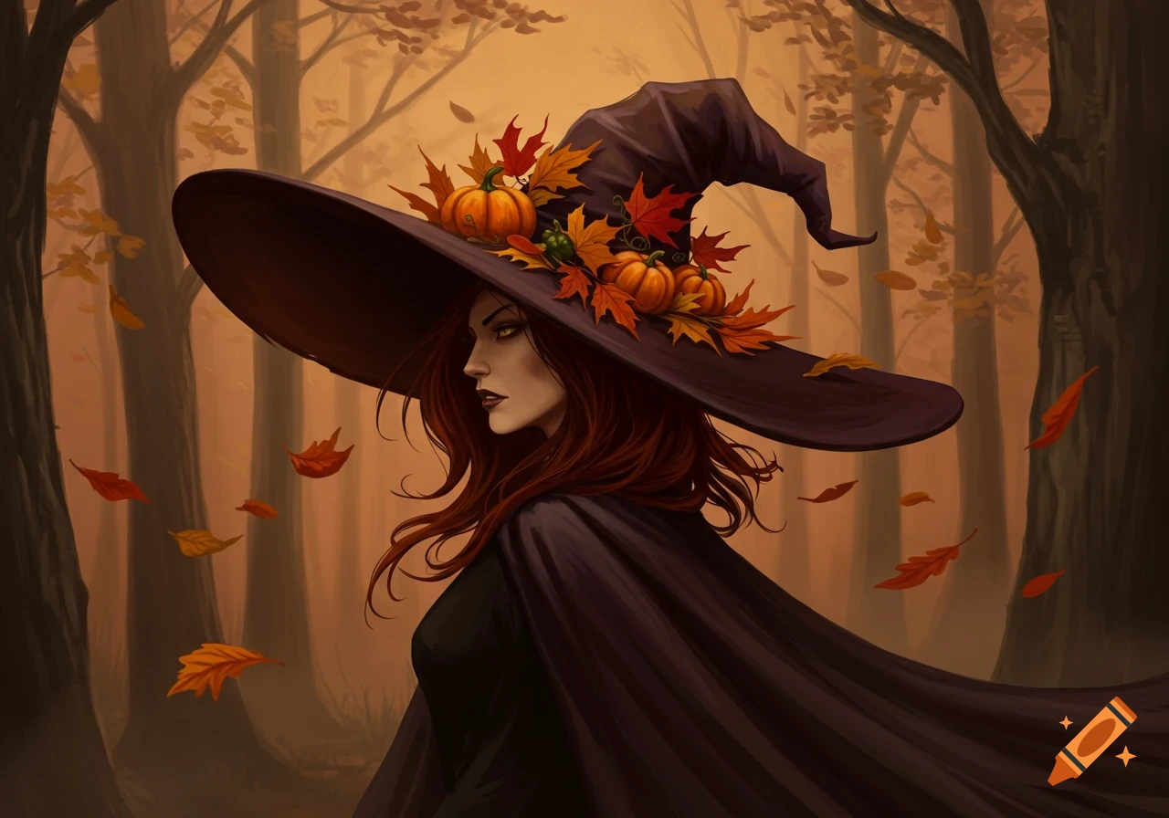 A witch with long red hair and a dark cloak, wearing a wide-brimmed hat decorated with fall leaves and pumpkins, stands in an autumn forest.