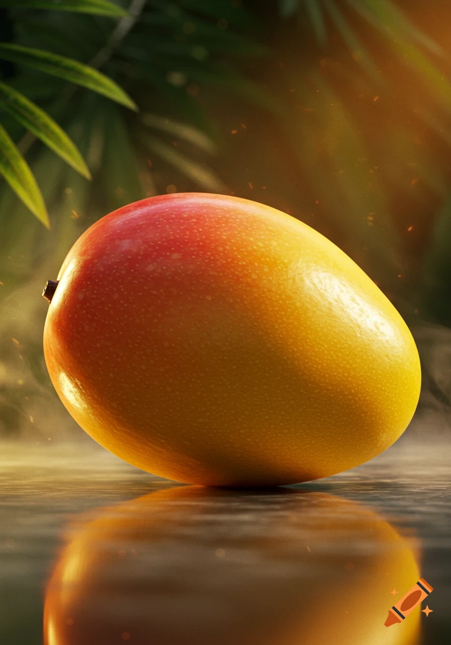 A close-up, photorealistic image of a ripe mango with yellow and red skin, resting on a reflective surface, with blurry green foliage in the background.