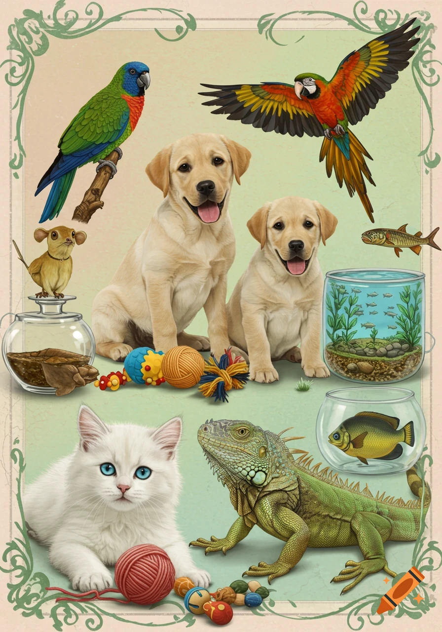 Illustrated collage of various pets: two golden retriever puppies, a white kitten, parrots, an iguana, fish in tanks.