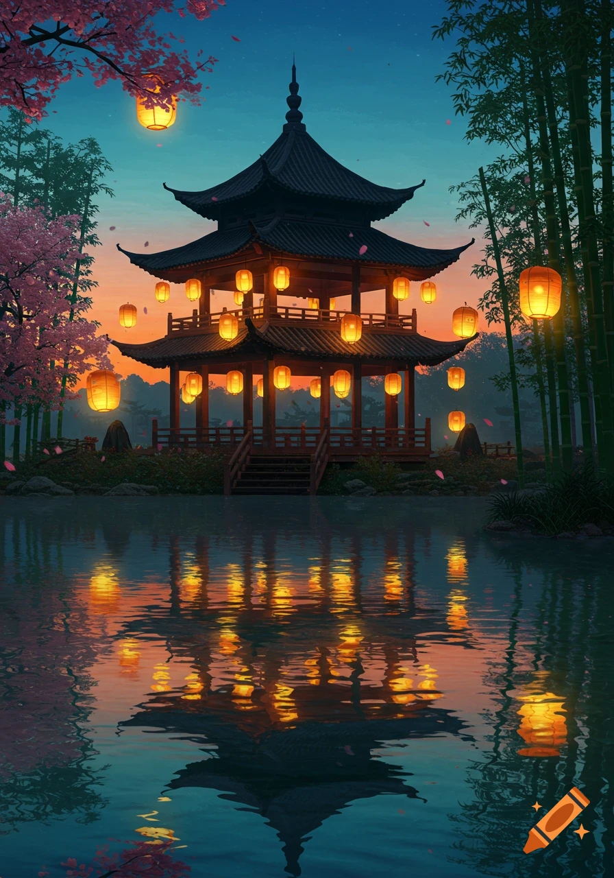 Traditional Asian pavilion with many glowing lanterns, reflected in a pond at sunset, surrounded by cherry blossoms and bamboo.