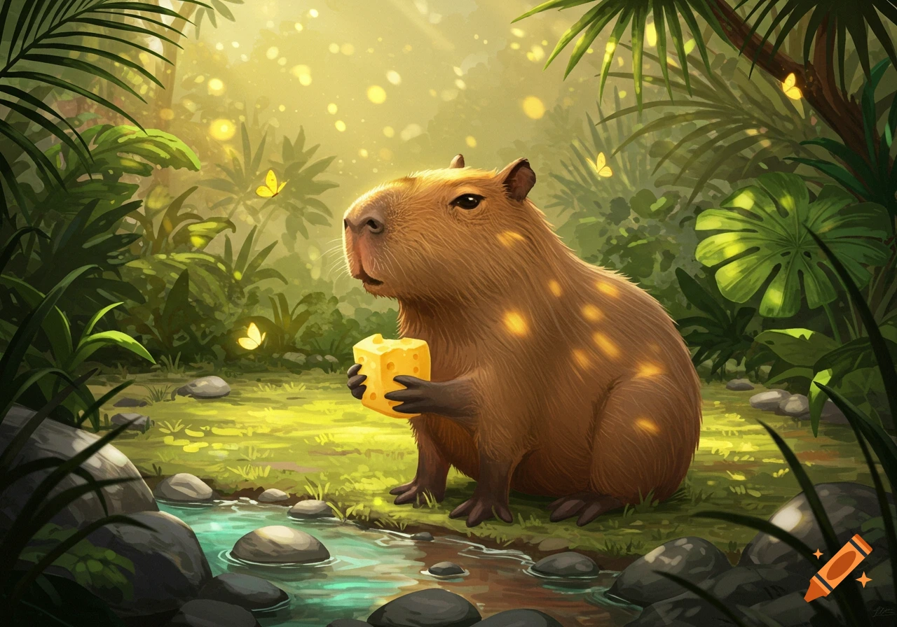 A whimsical illustration of a capybara holding a block of Swiss cheese in a sunlit jungle with butterflies.