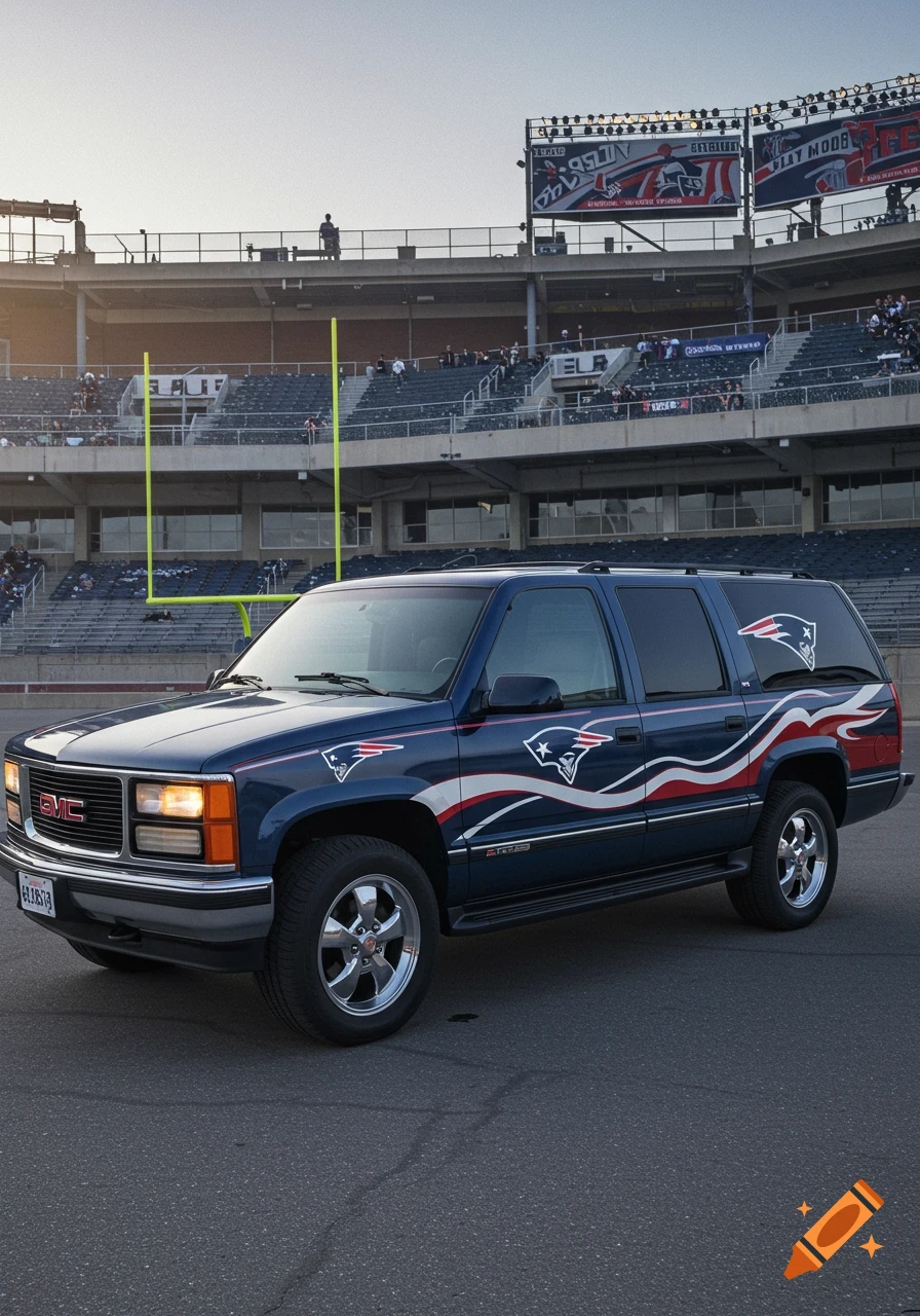 A navy blue 1998 GMC Suburban with New England Patriots livery parked on asphalt in front of a football stadium.