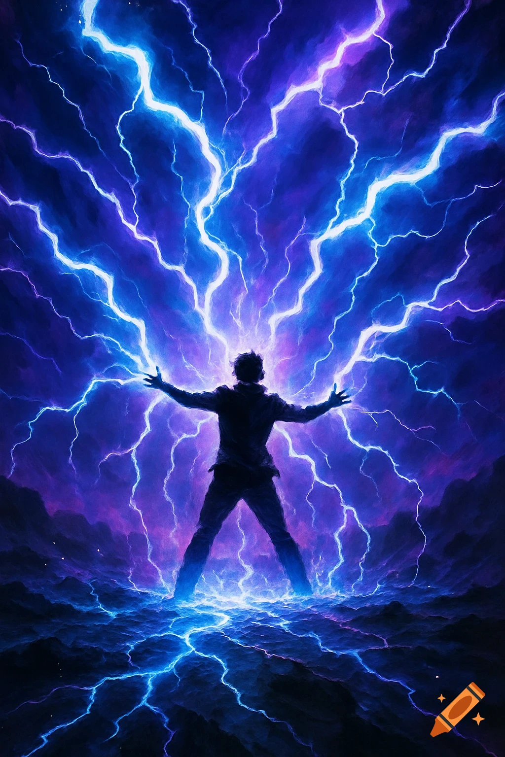 Silhouette of a person with outstretched arms, surrounded by intense blue and purple lightning, on an electrified ground.