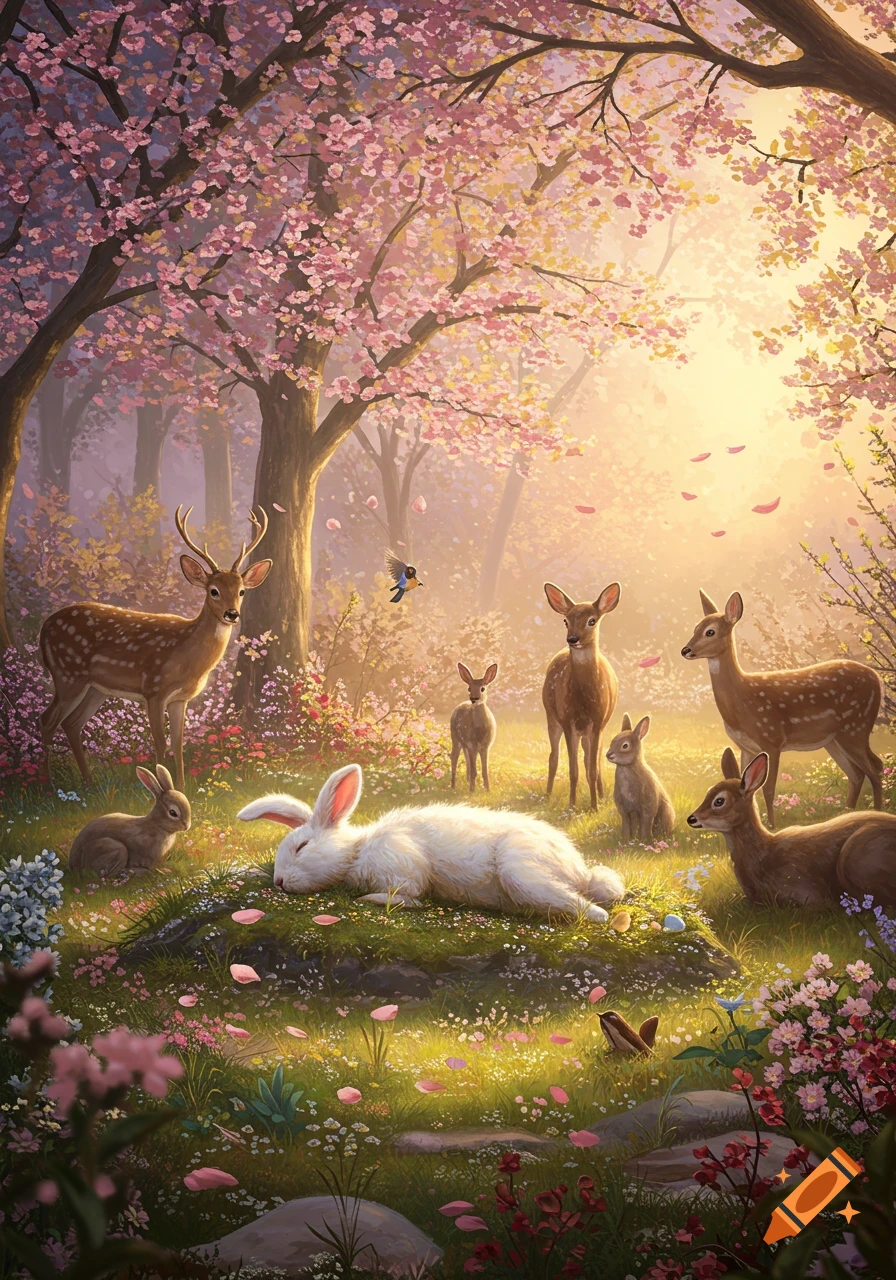 A serene illustration of a large white rabbit resting in a sunny spring forest surrounded by deer, small rabbits, and cherry blossoms.