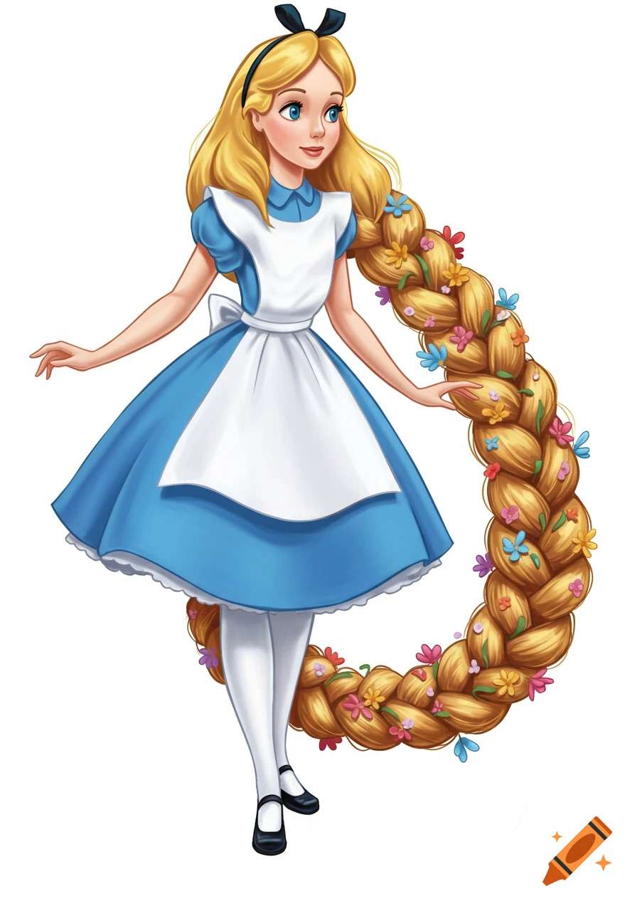 Cartoon illustration of Alice from Wonderland in a blue dress and white pinafore, with a long, flower-decorated blonde braid.