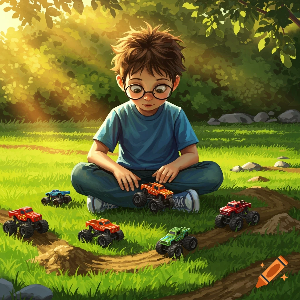 An illustrated boy with glasses sits on grass, playing with colorful toy monster trucks on a dirt path.