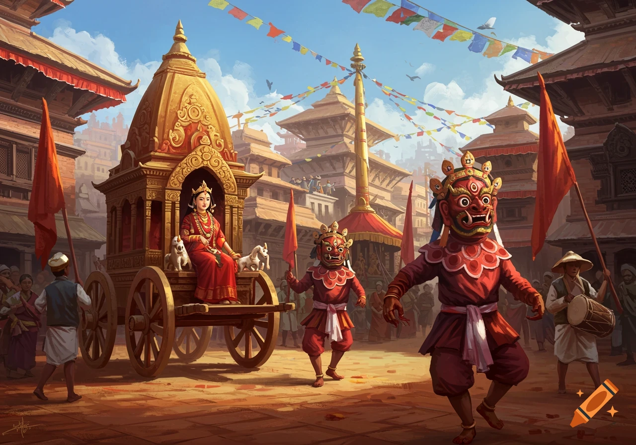Artwork of the Indra Jatra festival in Nepal, showing masked dancers and the Kumari goddess in a golden chariot on the streets of Kathmandu.