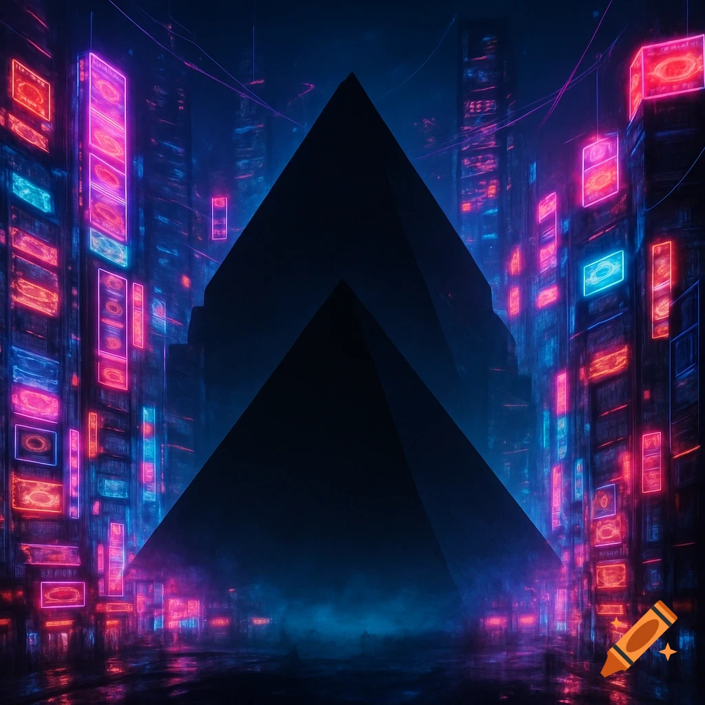 A dark pyramid dominates a neon-lit cyberpunk city at night, with towering skyscrapers glowing with blue and pink signs and advertisements.