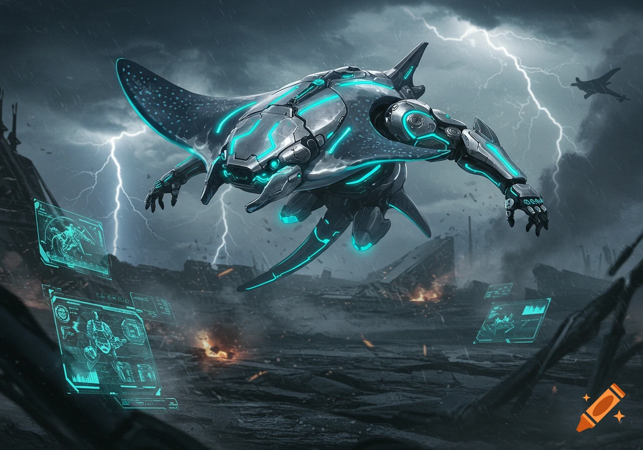 A futuristic manta ray-like mecha with glowing blue lines flies over a stormy, destroyed city with lightning strikes and holographic displays.
