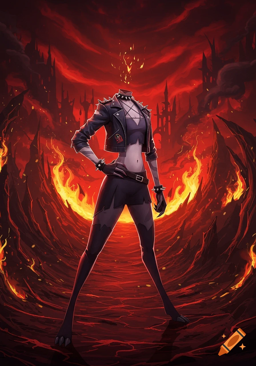 A headless character with fire at the neck, wearing a black studded jacket and crop top, stands in a fiery, hellish landscape with dark castles, in an anime style.