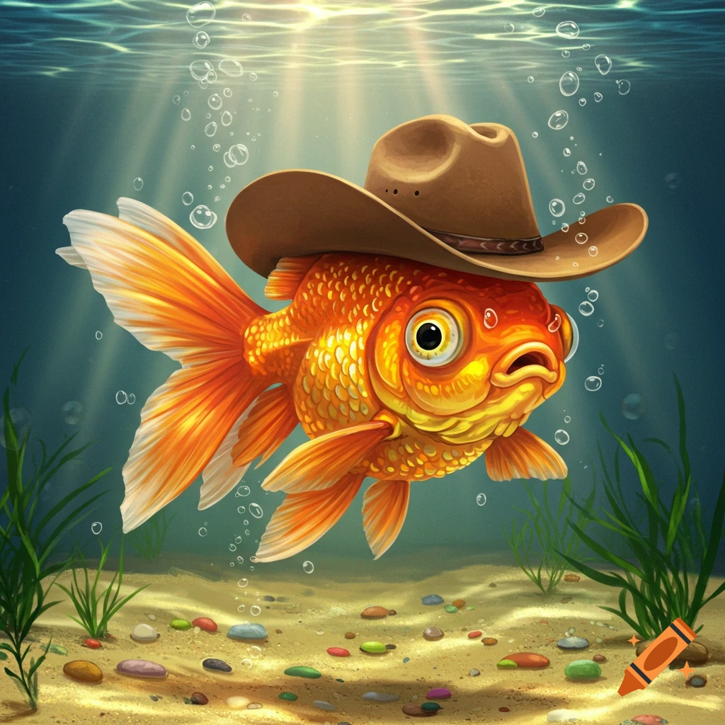 A vibrant orange cartoon goldfish wearing a brown cowboy hat swims underwater, with sunlight rays, bubbles, pebbles, and green plants.