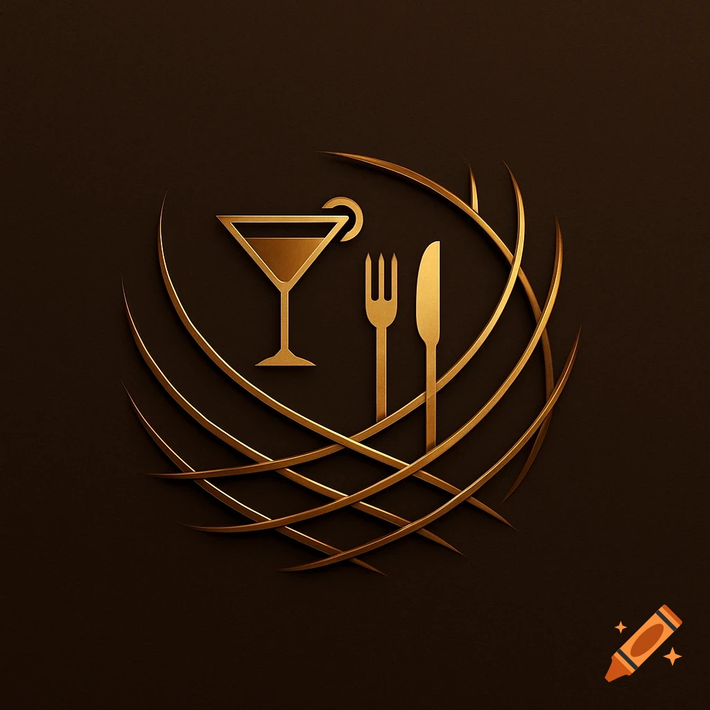 Golden logo featuring a martini glass, fork, and knife encircled by  abstract arcs on a dark brown background. on Craiyon, image size:1024x1024