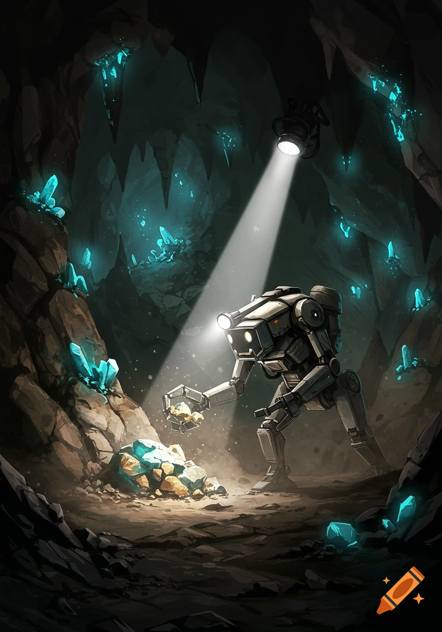 A robot worker drone with a headlamp mines glowing blue crystals and gold ore in a dark underground cave.