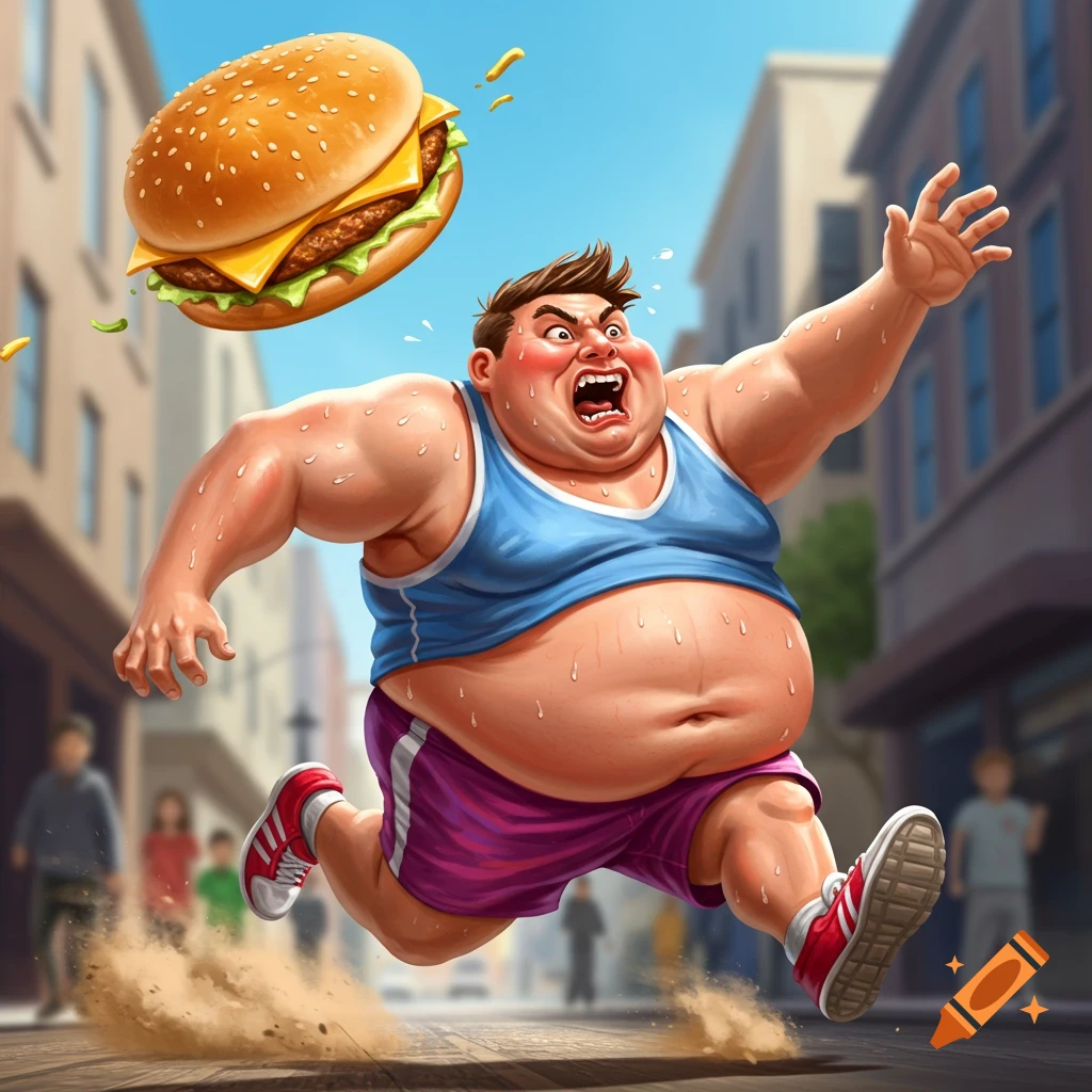 A sweating, obese cartoon man in athletic wear runs desperately from a giant burger floating in a city street.